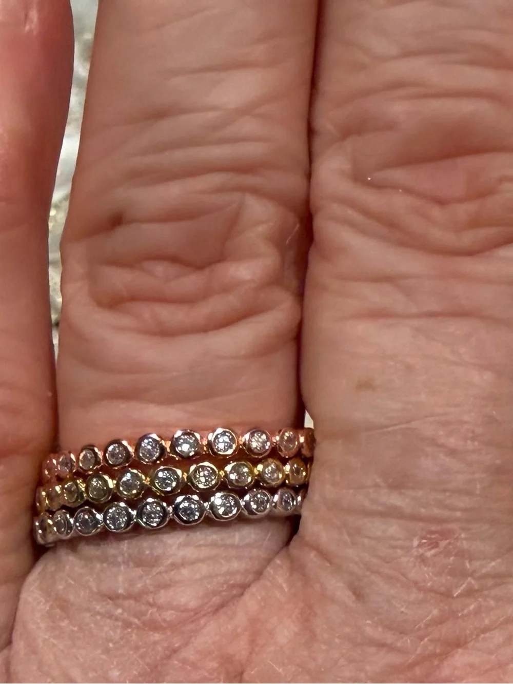 Tri-Tone Stackable Circle Ring Set — Rose Gold, Yellow Gold & Silver